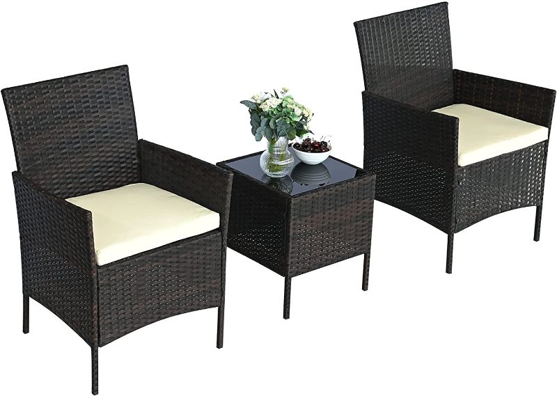 Photo 1 of *INCOMPLETE BOX 2 OF2* Outdoor Wicker Patio Furniture Sets 3 Pieces Patio Porch Chairs,PE Rattan Wicker 3 Pcs Outdoor Sofa Set,Patio Conversation Sets with Washable Cushion Tempered Glass Tabletop. (Brown)
