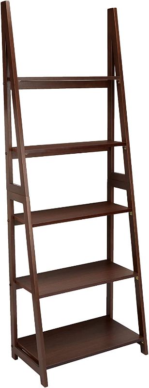 Photo 1 of Amazon Basics Modern 5-Tier Ladder Bookshelf Organizer, Solid Rubberwood Frame - Walnut Finish
