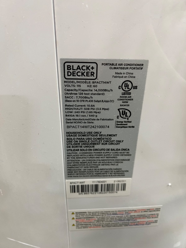 Photo 3 of BLACK+DECKER 14,000 BTU Portable Air Conditioner with Remote Control, White
