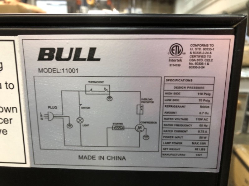 Photo 5 of **PARTS ONLY**

 Bull Outdoor Products 11001 Stainless Steel Front Panel Refrigerator 20.5"D x 20.75"W x 33"H

