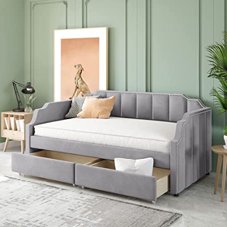 Photo 1 of ***NCOMPLETE***
 Twin Size Upholstered daybed with Drawers, Wood Slat Support, Gray
This is box 2 of 2, box 1 is needed to complete set! 79.1" L x 40.6" W x 36.6" H
