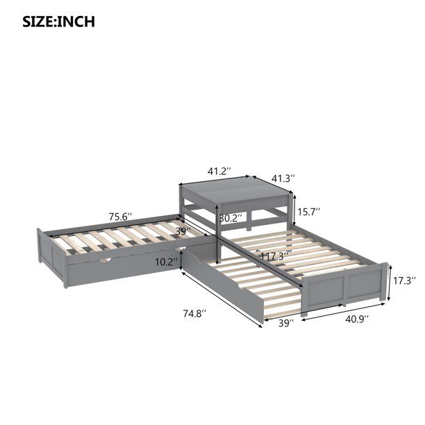 Photo 1 of *INCOMPLETE* OVERDRIVE L-Shaped Platform Beds with Trundle and Storage Drawers,Wooden Twin Size Corner Bed Frame Linked with Built-in Flip Square Table for Living Room Bedroom Guest Room,Gray *BOX 1 
