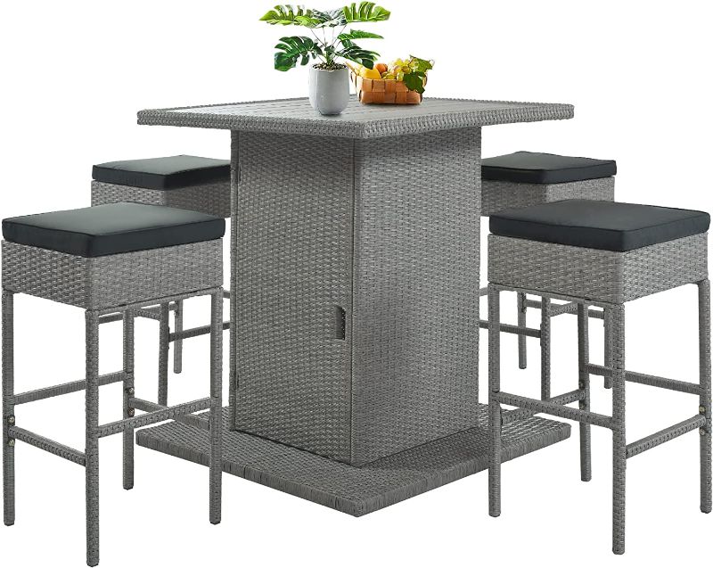 Photo 1 of **INCOMPLETE** Merax Outdoor Patio Dining Set, 5-Piece Patio Bar Set, Rattan Wicker Dining Table with Stools & Cushions for Backyard, Porch, Poolside 
