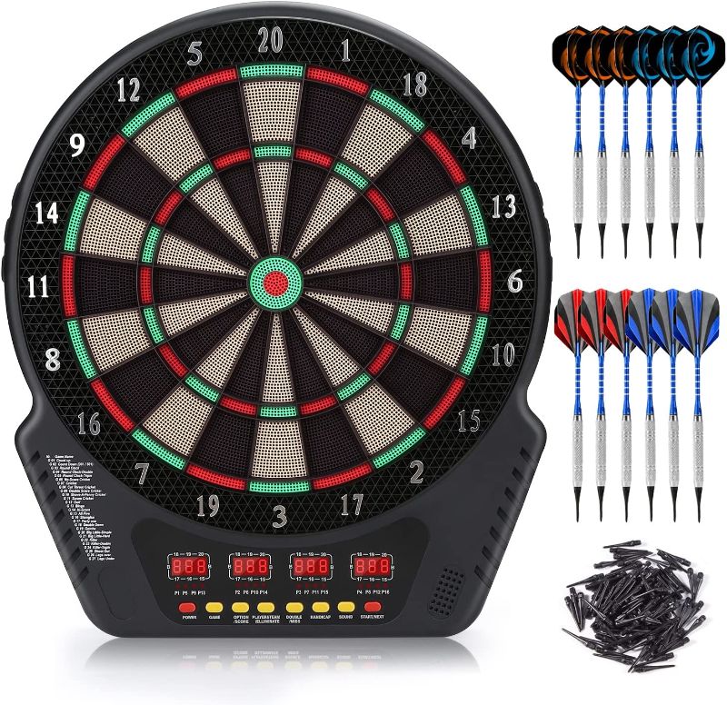 Photo 1 of Biange Electronic Dart Board, Digital Soft Tip Dart Boards, Dartboard Set 13.5” Target Area, 27 Games and 243 Variants with 12PCS 18g Darts, 4 LED Displays, 100 Tips, Flights, Support 16 Players
