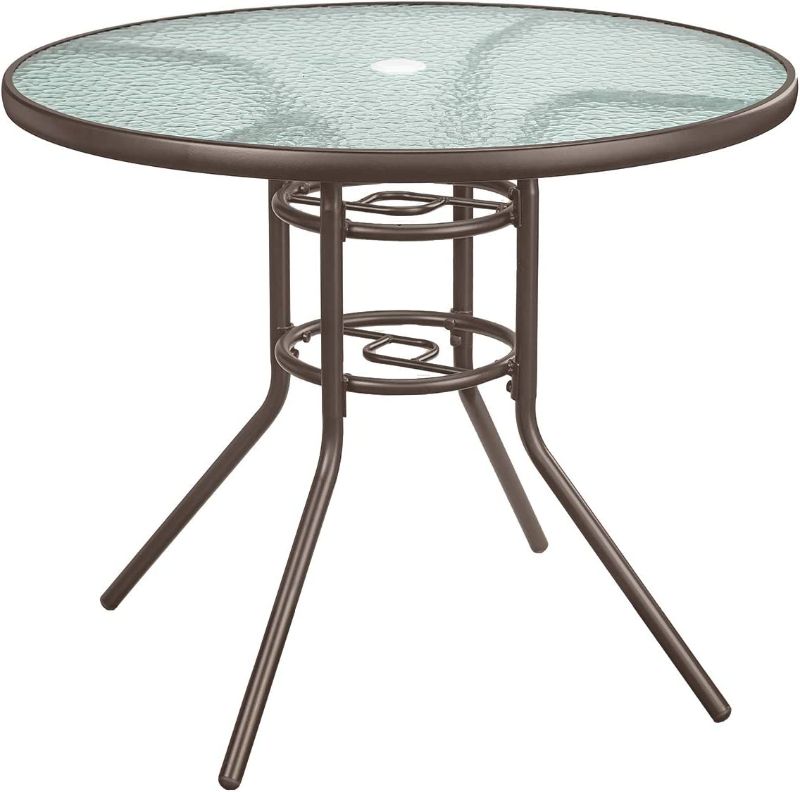 Photo 1 of 35" Outdoor Bistro Table Patio Dining Table Round Side Table Coffee Table Furniture with Umbrella Hole, Metal Frame Water Ripple Glass Top Brown
