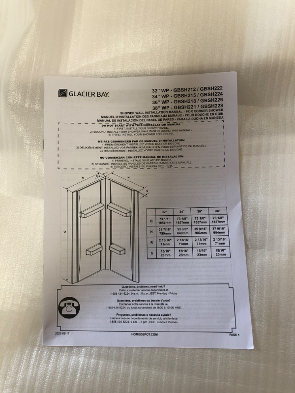 Photo 3 of **incomplete**box 1 and 3 included**missing box 2**
Glacier Bay
Glamour 34 in. x 76.40 in. Corner Drain Corner Shower Kit in Satin Nickel and White