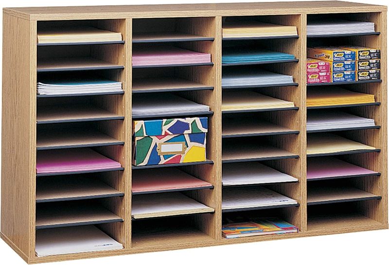 Photo 1 of Safco Products Wood Adjustable Literature Organizer, 36 Compartment 9424MO, Medium Oak, Durable Construction, Removable Shelves, Stackable,Light Brown
