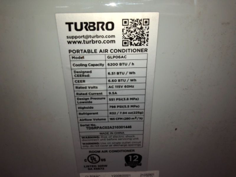 Photo 5 of ***PARTS ONLY*** TURBRO Greenland 10,000 BTU Portable Air Conditioner, Dehumidifier and Fan 3-in-1 Portable AC Unit for Rooms up to 400 sq. ft missing part of window kit. item does not work