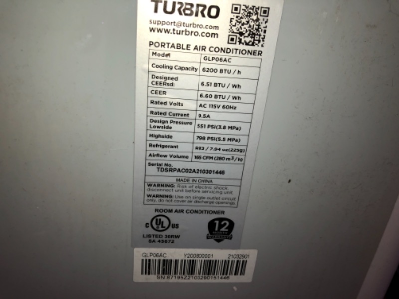 Photo 4 of ***PARTS ONLY*** TURBRO Greenland 10,000 BTU Portable Air Conditioner, Dehumidifier and Fan 3-in-1 Portable AC Unit for Rooms up to 400 sq. ft missing part of window kit. item does not work