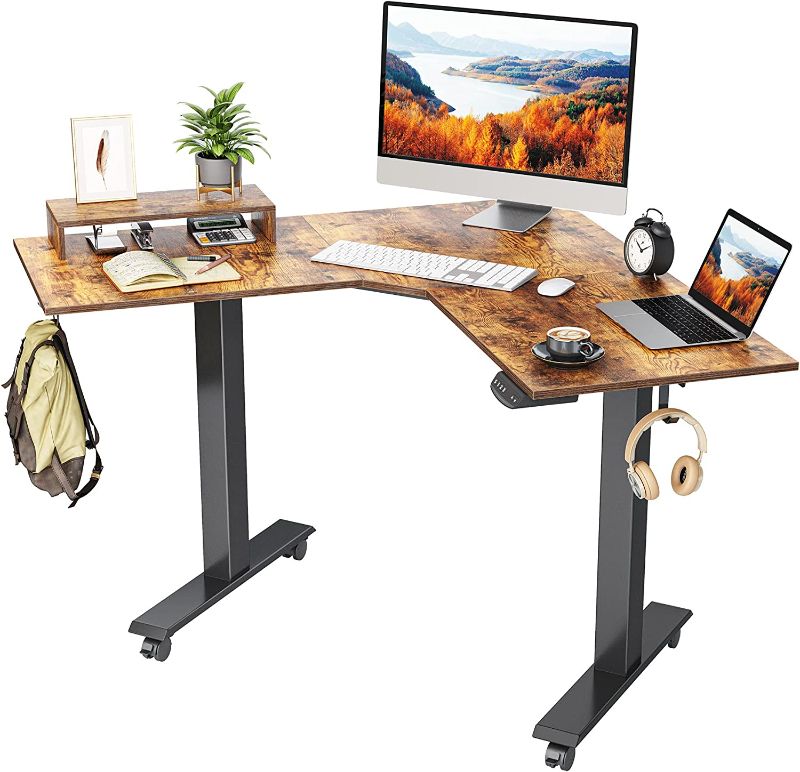 Photo 1 of FEZIBO Dual Motor L Shaped Electric Standing Desk, 48 Inches Stand Up Corner Desk, Home Office Sit Stand Desk with Rustic Brown Top and Black Frame
