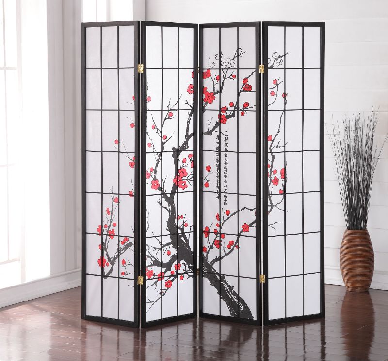 Photo 1 of Roundhill Furniture Japanese 4-Panel Screen Room Divider in Plum Blossom
