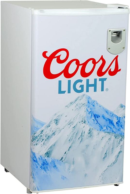 Photo 1 of Coors Light Rocky Mountain Compact Fridge with Bottle Opener, 90 L/ 95 Quart 3.2 Cubic Foot for Snacks,Beverages, Juice, Beer, Den, Dorm, Office, Games Room, or RV
