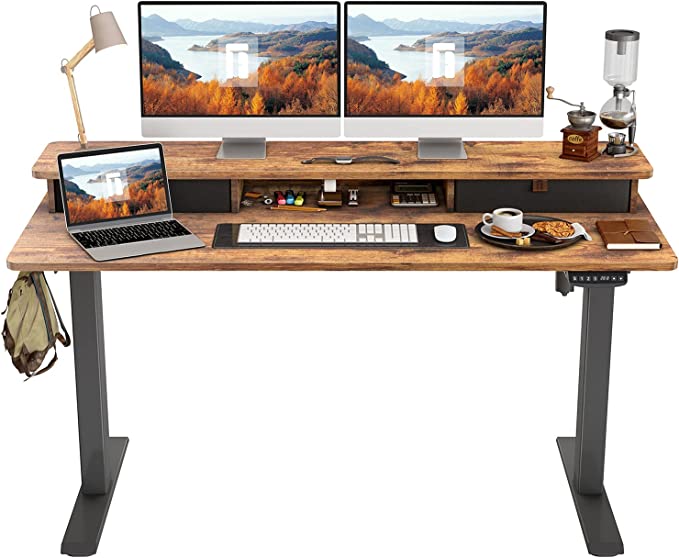 Photo 1 of FEZIBO Height Adjustable Electric Standing Desk with Double Drawer, 55 x 24 Inch Stand Up Table with Storage Shelf, Sit Stand Desk with Splice Board, Black Frame/Rustic Brown Top
