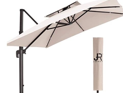 Photo 1 of 9 ft. x 9 ft. Square Aluminum Cantilever Tilt Patio Umbrella in Beige
