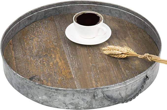 Photo 1 of MyGift Rustic Wood and Galvanized Metal Round Decorative Tray with Handles, 16.5 Inches
