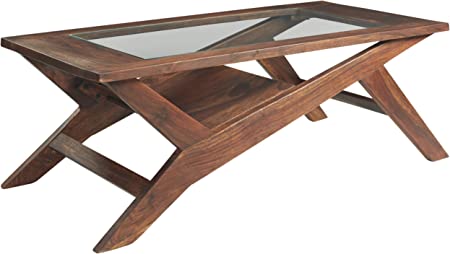 Photo 1 of ***PARTS ONLY*** Signature Design by Ashley Charzine Contemporary Rectangular Coffee Table with Clear Tempered Glass Top, Brown
