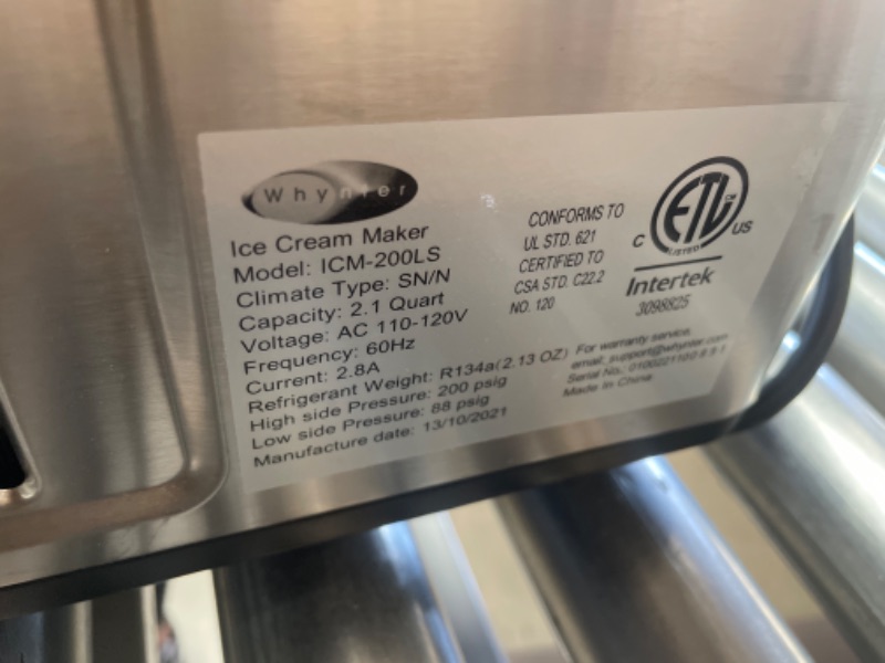 Photo 1 of Whynter ICM-200LS Automatic Ice Cream Maker 2 Quart Capacity Stainless Steel, Built-in Compressor, no pre-Freezing, LCD Digital Display, Timer
