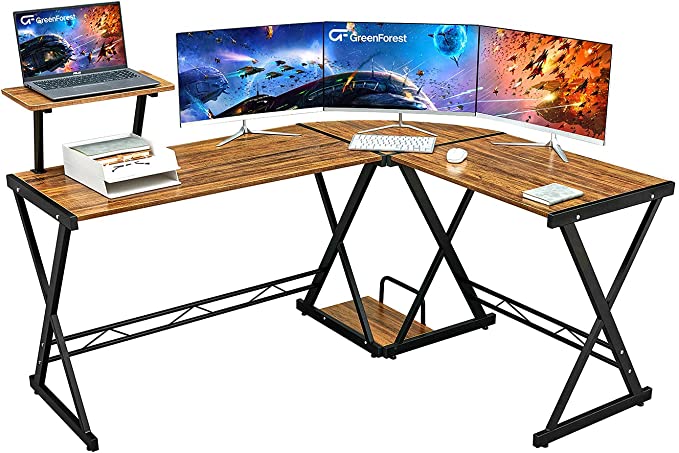 Photo 1 of GreenForest L Shaped Desk 58 inch, Reversible Corner Computer Gaming Desk with Large Monitor Stand and CPU Stand, Home Office Desk Workstation, Space Saving, Walnut
