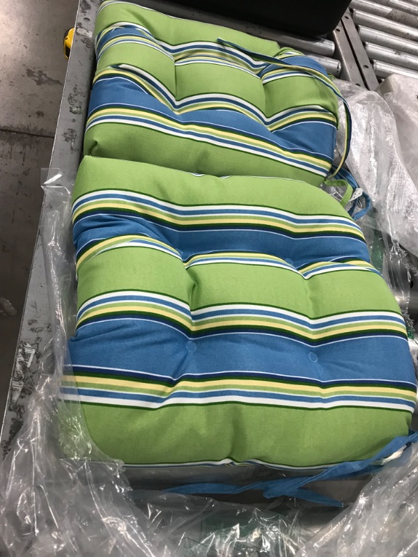 Photo 2 of **SIMIALR TO STOCK PHOTO DIFFERENT COLORS*- Set of 2 Blue and Green Striped Outdoor Patio Wicker Chair Cushions 19"
