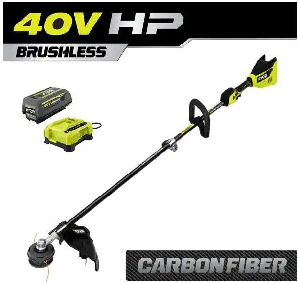 Photo 1 of (MISSING CHARGER) RYOBI 40V HP Brushless 15 in. Cordless Carbon Fiber Shaft Attachment Capable String Trimmer with 4.0 Ah Battery and Charger