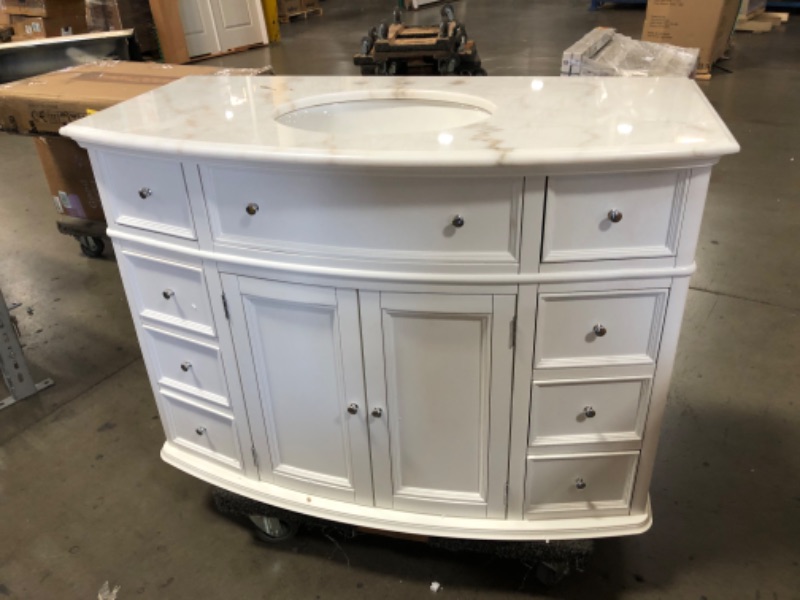 Photo 10 of (MISSING ITEMS; CRACKED MARBLE & DAMAGED BASE) Home Decorators Collection Hampton Harbor 45 in. W x 22 in. D Bath Vanity in White with Natural Marble Vanity Top in White Natural