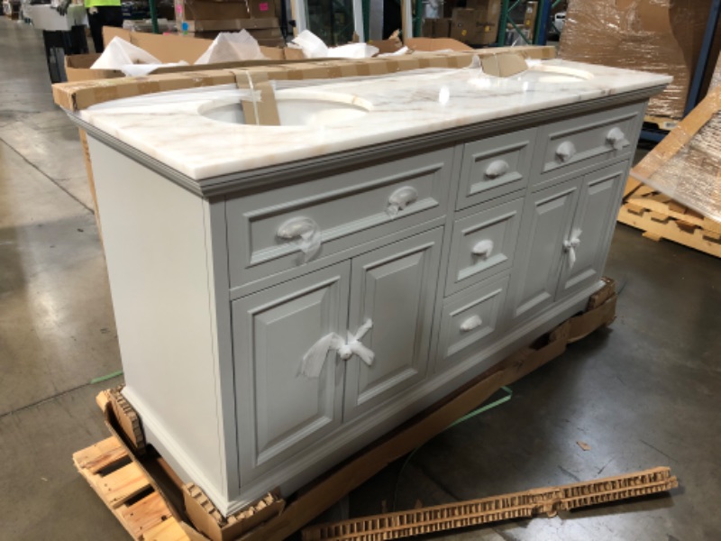 Photo 11 of (COSMETIC DAMAGES) Home Decorators Collection Sadie 67 in. W Dove Gray Double Bath Vanity with Natural White Marble Vanity Top with Undermount Sinks