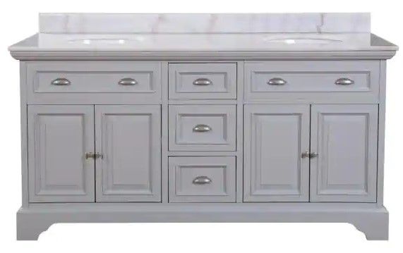 Photo 1 of (COSMETIC DAMAGES) Home Decorators Collection Sadie 67 in. W Dove Gray Double Bath Vanity with Natural White Marble Vanity Top with Undermount Sinks