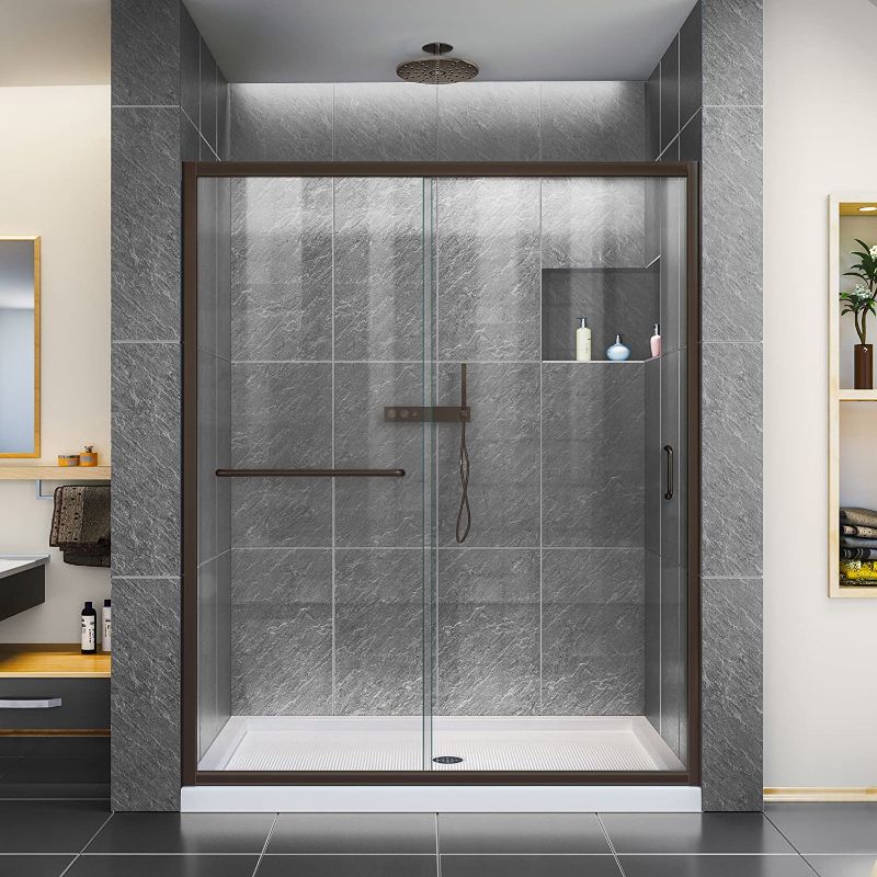 Photo 1 of (SCRATCHED FRAMES) DreamLine Infinity-Z 56-60 in. W x 72 in. H Semi-Frameless Sliding Shower Door, Clear Glass in Oil Rubbed Bronze, SHDR-0960720-06
