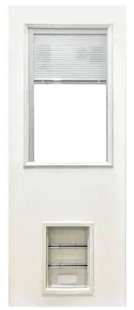 Photo 1 of (COSMETIC DAMAGE) Steves & Sons 31-3/4 in. x 79 in. Reliant Clear Half Lite Mini-Blind White Primed Fiberglass Front Door Slab with Extra Large Pet Door