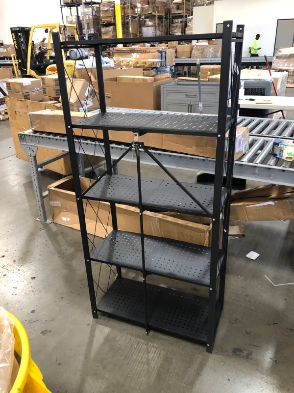 Photo 5 of (BENT/DENTED) Foldable Shelving Unit Storage Rack on Wheels Large Capacity, Heavy Duty Steel 5-Shelf Organizer with Hooks, Black
