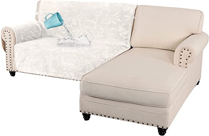 Photo 1 of 100% Waterproof Sofa Slipcover Sofa Cover Left Sectional Couch Cover Premium Velvet Furniture Protector for Dogs Width Up to 52 Inch Classic Flower Pattern Non-Slip with Elastic Strap, Ivory
