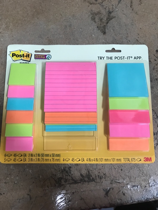 Photo 2 of Post-it Super Sticky Notes, Assorted Sizes, 15 Pads, 2x the Sticking Power, Miami Collection, Neon Colors (Orange, Pink, Blue, Green), Recyclable (4423-15SSMIA)