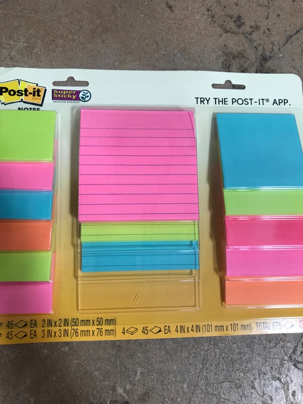 Photo 2 of Post-it Super Sticky Notes, Assorted Sizes, 15 Pads, 2x the Sticking Power, Miami Collection, Neon Colors (Orange, Pink, Blue, Green), Recyclable (4423-15SSMIA)