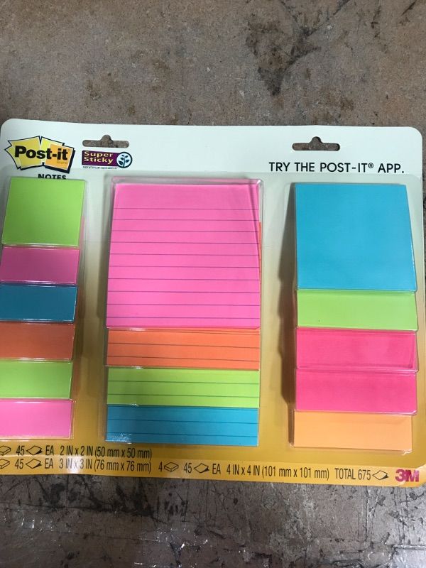 Photo 2 of Post-it Super Sticky Notes, Assorted Sizes, 15 Pads, 2x the Sticking Power, Miami Collection, Neon Colors (Orange, Pink, Blue, Green), Recyclable (4423-15SSMIA)