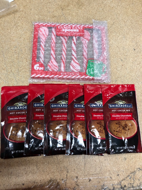 Photo 1 of *EXPIRES April and July 2023*
Candy Cane Spoons (6) + Ghirardelli Chocolate, Double Chocolate Premium Hot Cocoa packets (6) 