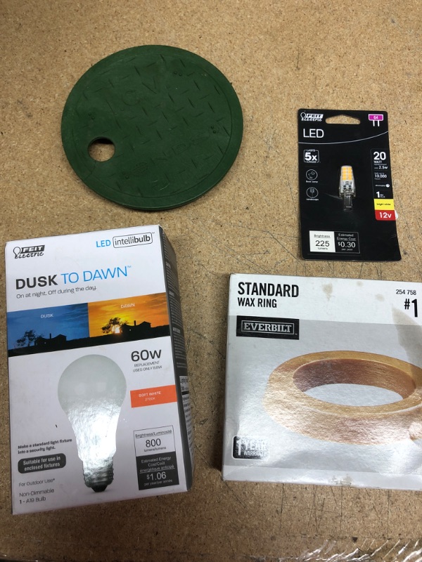 Photo 1 of BUNDLE OF RANDOM HOME FIX-IT ITEMS
60W Equivalent Soft White (2700K) A19 IntelliBulb, 6 in. Round Valve Box Cover, 20-Watt Equivalent T4 G4 Bi-Pin Base Landscape 12-Volt LED Light Bulb Bright White (3000K), Standard Toilet Wax Ring, DAMAGED 4PCS DRIP PANS