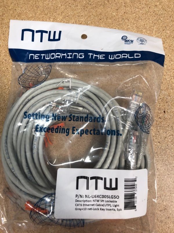 Photo 2 of NTW 5ft Lockable CAT6 Ethernet Cable, net-Lock RJ45 Ethernet Network Patch Cable (UTP), Snagless, Light Grey (NL-U6KC005LG5O) + 10 net-Lock Key Inserts, 5PK