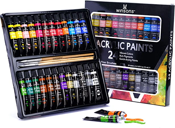 Photo 1 of 2 Acrylic Paint Set 24 Colors Pack of 12mL and 3 Brushes Art Supplies Painting for Canvas, Fabric, Plastic, Clay Craft Paint for Kids Beginners Adults