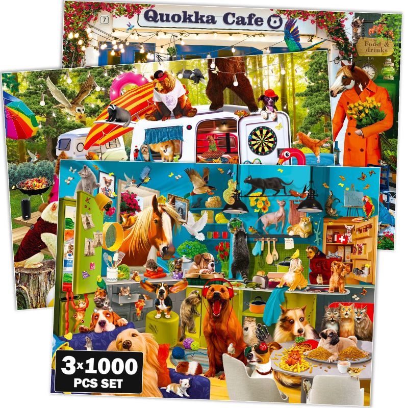 Photo 1 of 1000 Piece Jigsaw Puzzles for Adults - Set of 3 Puzzles for Men and Women by QUOKKA - Funny Animals for Kids Ages 8-12 and Up - Colourful Game with Cats...
