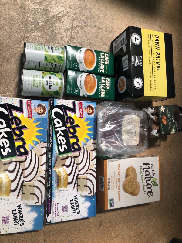 Photo 1 of BUNDLE OF FOODS (X2) ZEBRA CAKES EX:07/02/22, PEANUT BUTTER COOKIES EX: 06/12/220, (X2) MATCHA MIX EX:07/18/2022 & 07/29/2022, (X2) ESPRESSO MIX EX:07/14/2022 & 08/10/2022, COFFEE PODS EX:06/07/2022, CARAMEL TOFFEE EX:11/10/2022, CALABRIAN CHILI PEPPERS E