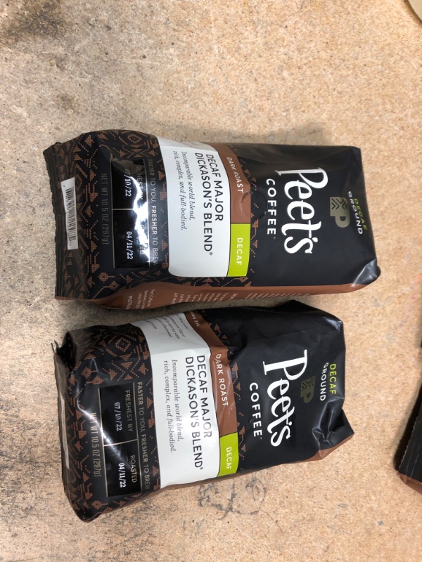 Photo 2 of 2 PACK* FRESHEST BY 07/10/2022
Peet's Coffee, Dark Roast Decaffeinated Ground Coffee - Decaf Major Dickason's Blend 10.5 Ounce Bag, Packaging May Vary
