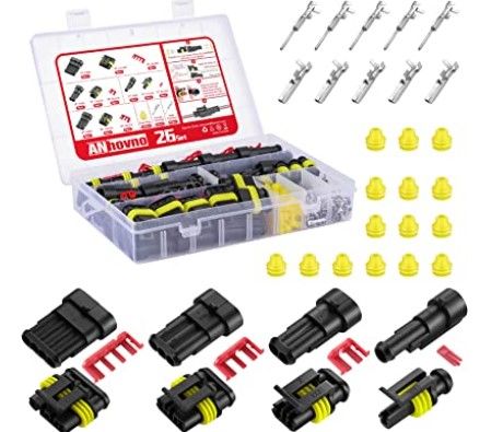 Photo 1 of 3 pack - 352 PCs Waterproof Automobile Wire Connector Kit Electrical Male Female Terminals Connectors, 20-14 AWG Way Automotive 12v Car Harness Quick Connect for Wiring Seal 1 2 3 4 Pin Connectors (26 set)