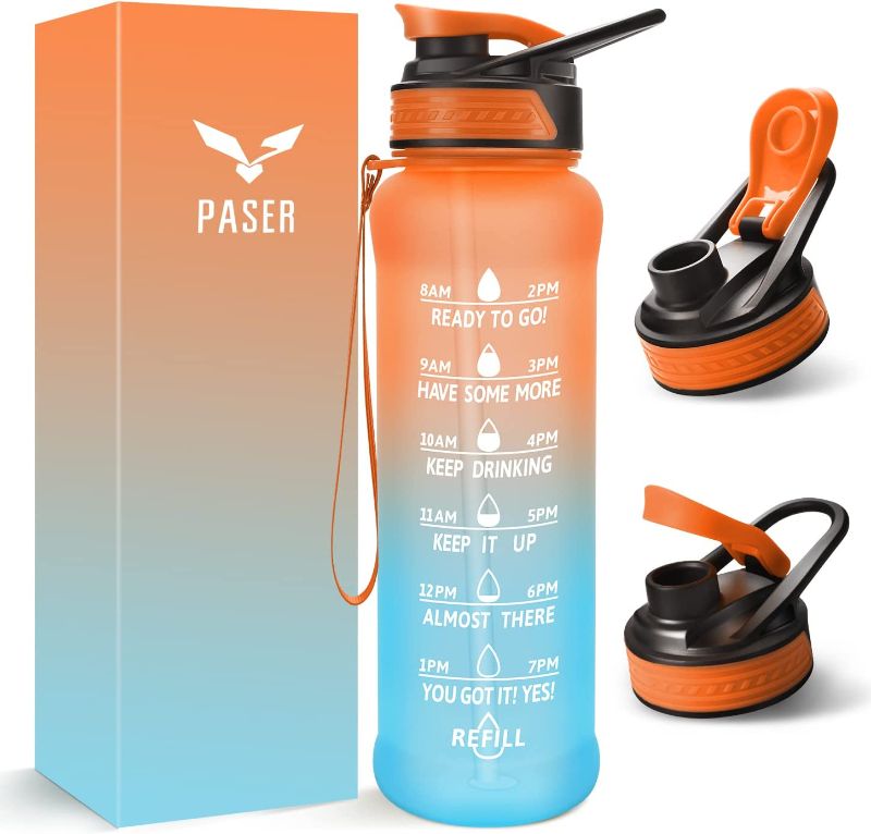 Photo 1 of 2 pack - PASER 24/32 oz Motivational Water Bottle with Time to Drink, Removable Straw & Time Marker, Tritan BPA-Free, Flip Lid Fast Flow & Leak Proof Water Jug for School, Office, Fitness 