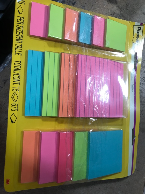 Photo 2 of 2  Post-it Super Sticky Notes, Assorted Sizes, 15 Pads, 2x the Sticking Power, Miami Collection, Neon Colors (Orange, Pink, Blue, Green), Recyclable (4423-15SSMIA)
