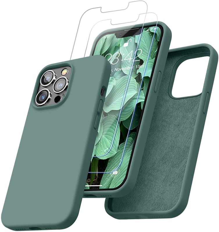 Photo 1 of Enskko [5 in 1] Designed for iPhone 13 Pro Max Silicone Case, with 2 Pack Screen Protector + 1 Phone Stand + 1 Wiping Cloth, Liquid Silicon Cover with Microfiber Lining for Men & Women, Midnight Green (PACK OF 3)
