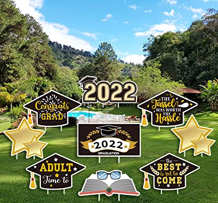 Photo 1 of 2022 Graduation Yard Signs, 9 Pack Outdoor Lawn Decorations with Stakes, Black Gold Congrats Grad Weatherproof Corruqated Plastic Lawn Letters Set for 2022 Graduation Party Yard Garden Backdrop Decor