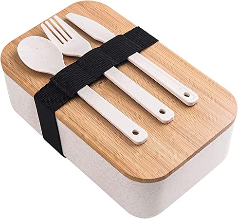 Photo 1 of 2 Bento Lunch Box with Bamboo Lid for Adults/Kids Lunch Container Includes Cutlery BPA-Free 20OZ (Beige)