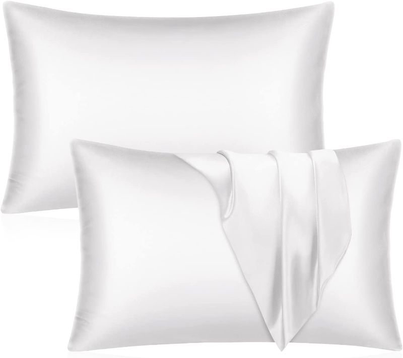 Photo 1 of 2- YUHX Satin Pillowcase for Hair and Skin,Standard Size Pillowcase Set of 2 with Envelope Closure,Soft Silky Pillow Cases 2 Pack(20x26 inches,White)