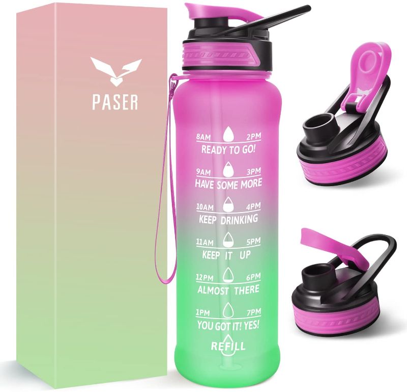 Photo 1 of 2- PASER 24 oz Motivational Water Bottle with Time to Drink, Removable Straw & Time Marker, Tritan BPA-Free, Flip Lid Fast Flow & Leak Proof Water Jug for School, Office, Fitness, Outdoor Sports…