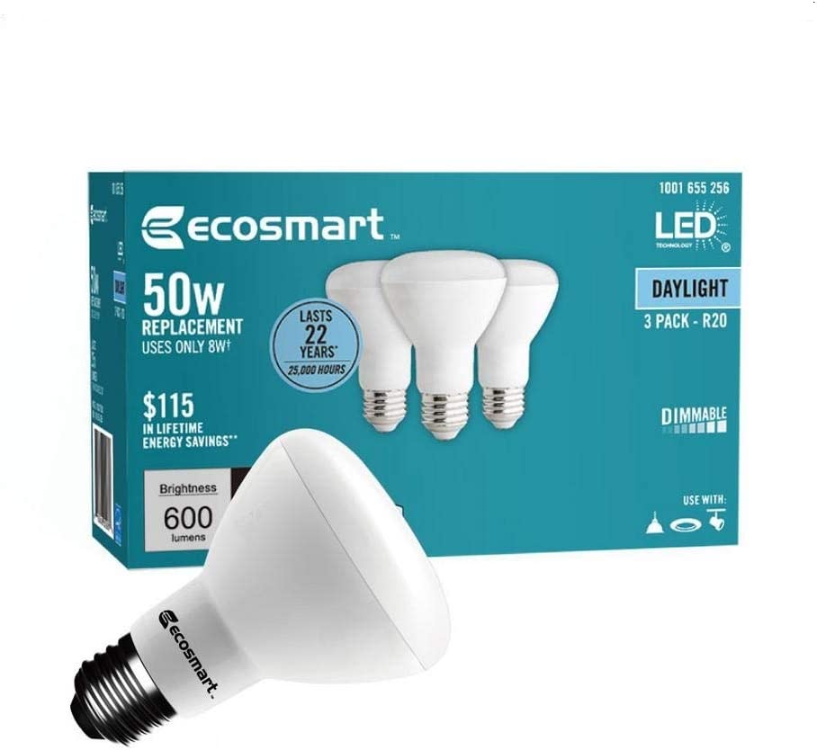 Photo 1 of (3-Pack) EcoSmart R20 Daylight LED, Dimmable, 600-Lumen, 5000K, 8-Watt (50-Watt Equivalent) Light Bulb, E26 Medium Base